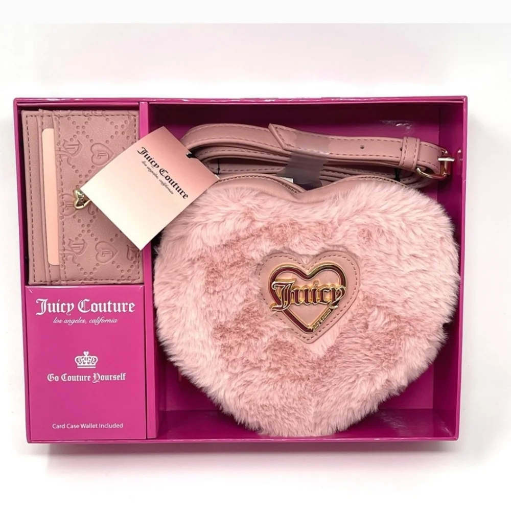 Juicy Couture "Taffy" Heart🩷 Faux Fur Crossbody Purse w/ Matching Card Case - Picture 5 of 11